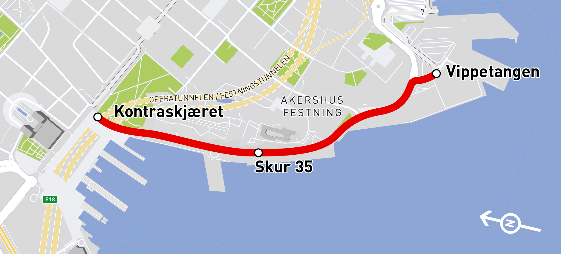 Kart over selvkjørende buss på Akershusstranda